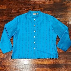 Chico's Vintage Vibrant Teal Blue Asian Inspired Button Down Blouse 100% Silk